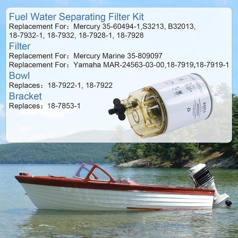 CARMOCAR Marine Fuel Water Separator Filter Assembly S3213 Filter Element with Collection Bowl Replacement for 3/8 Inch NPT Outboard Motor Mercury 35-60494-1 18-7932-1,18-17928,35-809097 - Image 2